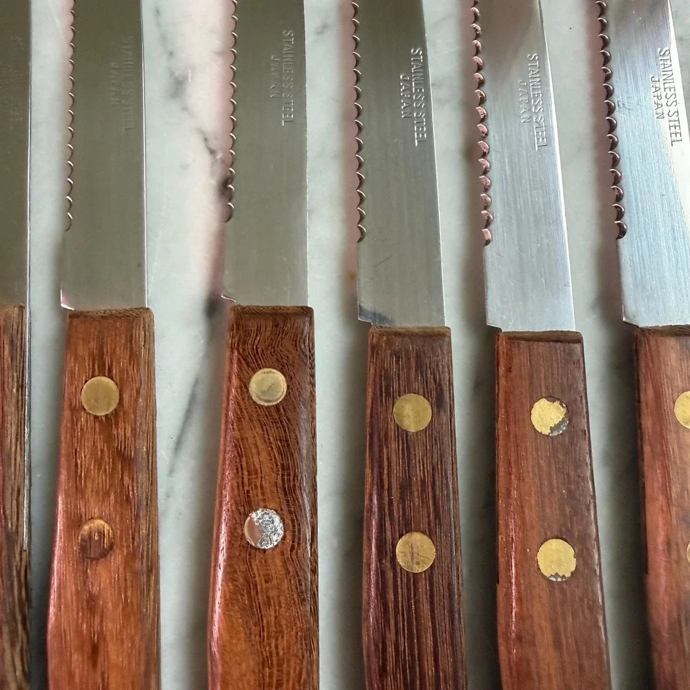 VTG 70s Mid Century Flatware Wood Handle Cutlery Set Japan Carving Knife Fork